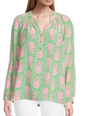 Lilly Pulitzer Green Blouse with Pink Pineapple Print